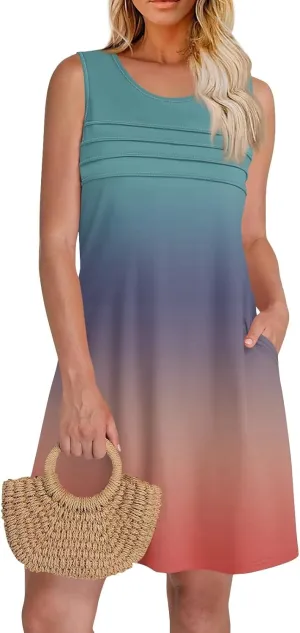 Summer Dresses for Women 2025 Floral Loose T Shirt Dresses V Neck Casual Pleated Front Tank Dress Sleeveless Sundresses