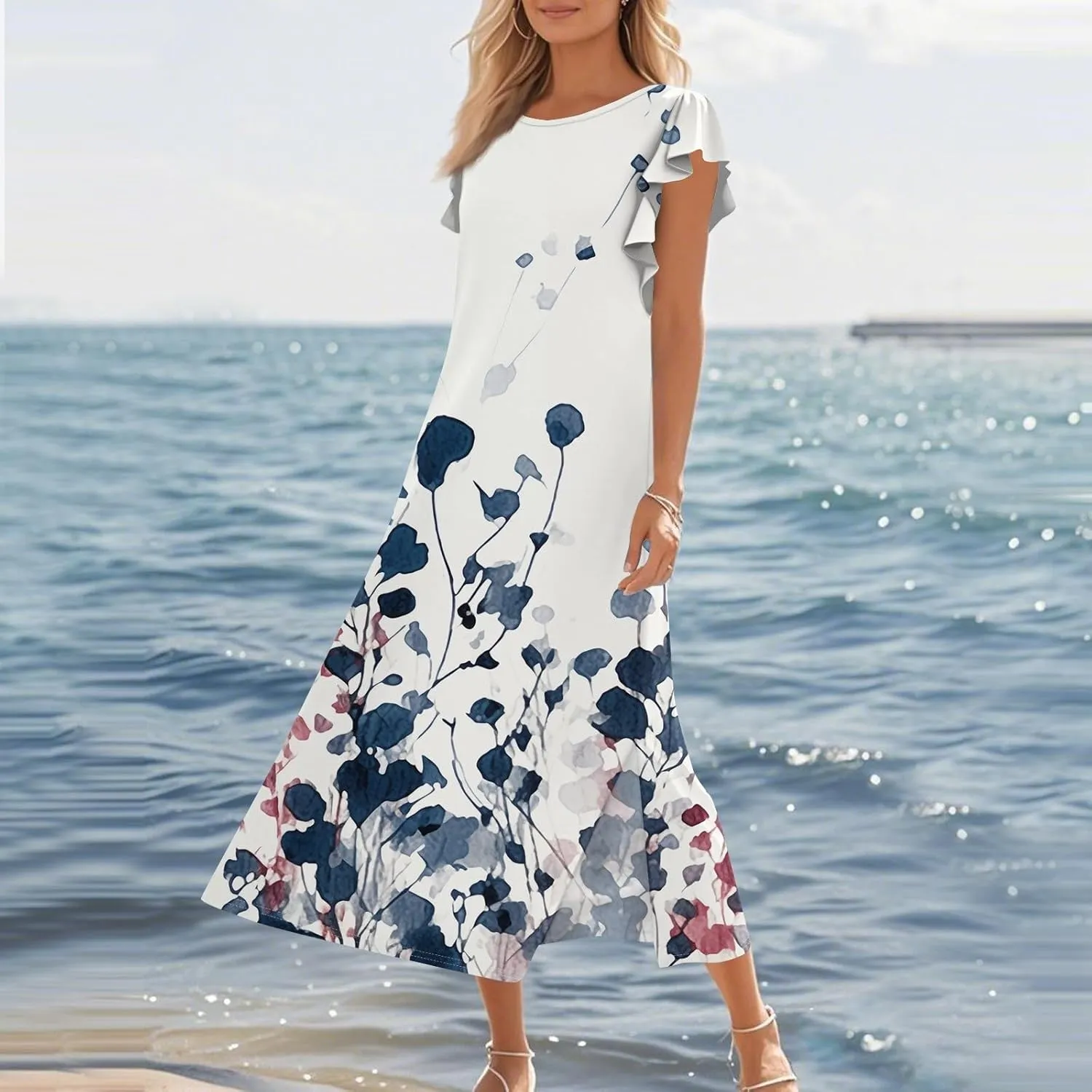 Summer Dresses for Women 2025 Floral Print Ruffle Sleeve Beach Dress Loose Casual Split Long Dress with Pockets