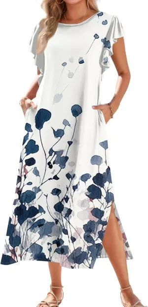 Summer Dresses for Women 2025 Floral Print Ruffle Sleeve Beach Dress Loose Casual Split Long Dress with Pockets