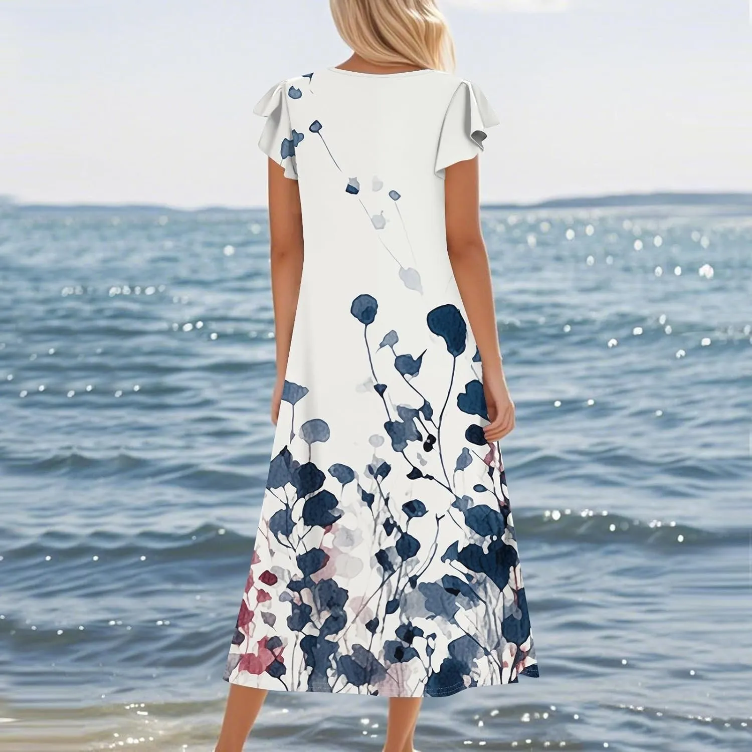 Summer Dresses for Women 2025 Floral Print Ruffle Sleeve Beach Dress Loose Casual Split Long Dress with Pockets