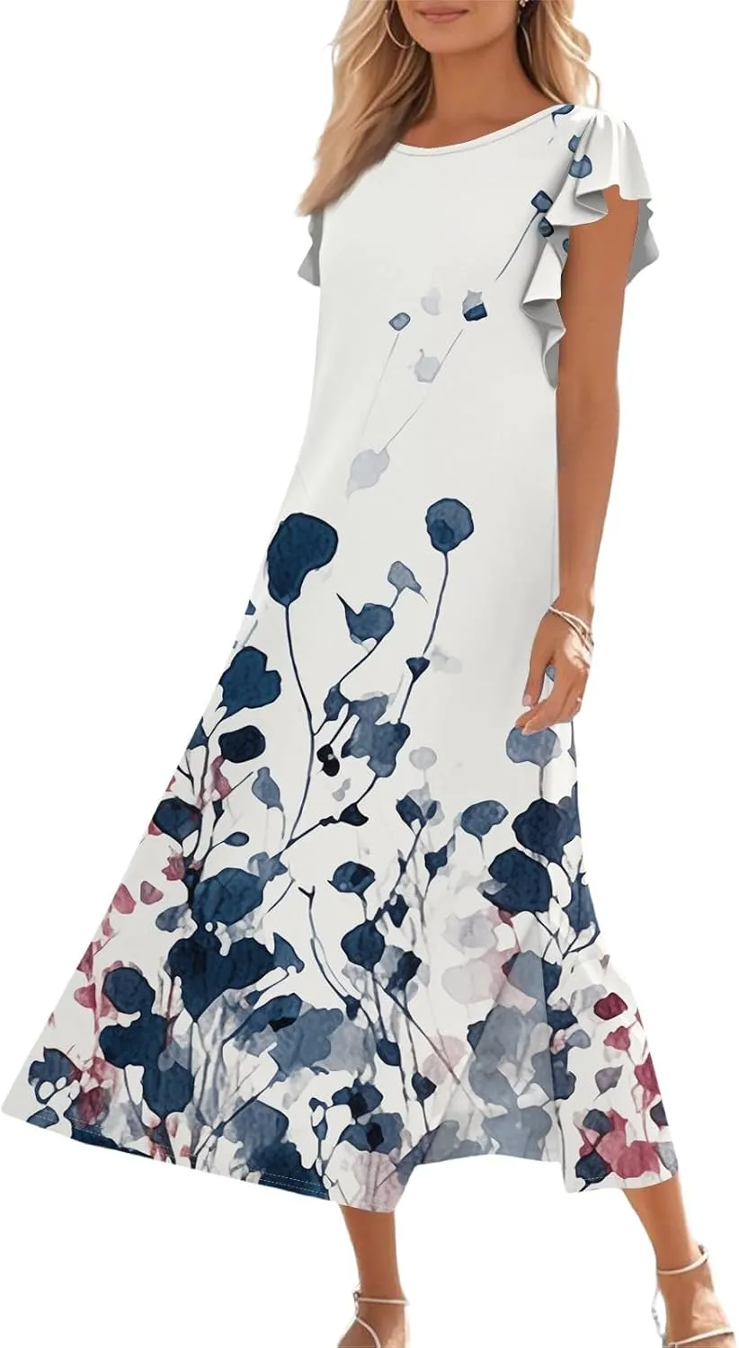 Summer Dresses for Women 2025 Floral Print Ruffle Sleeve Beach Dress Loose Casual Split Long Dress with Pockets