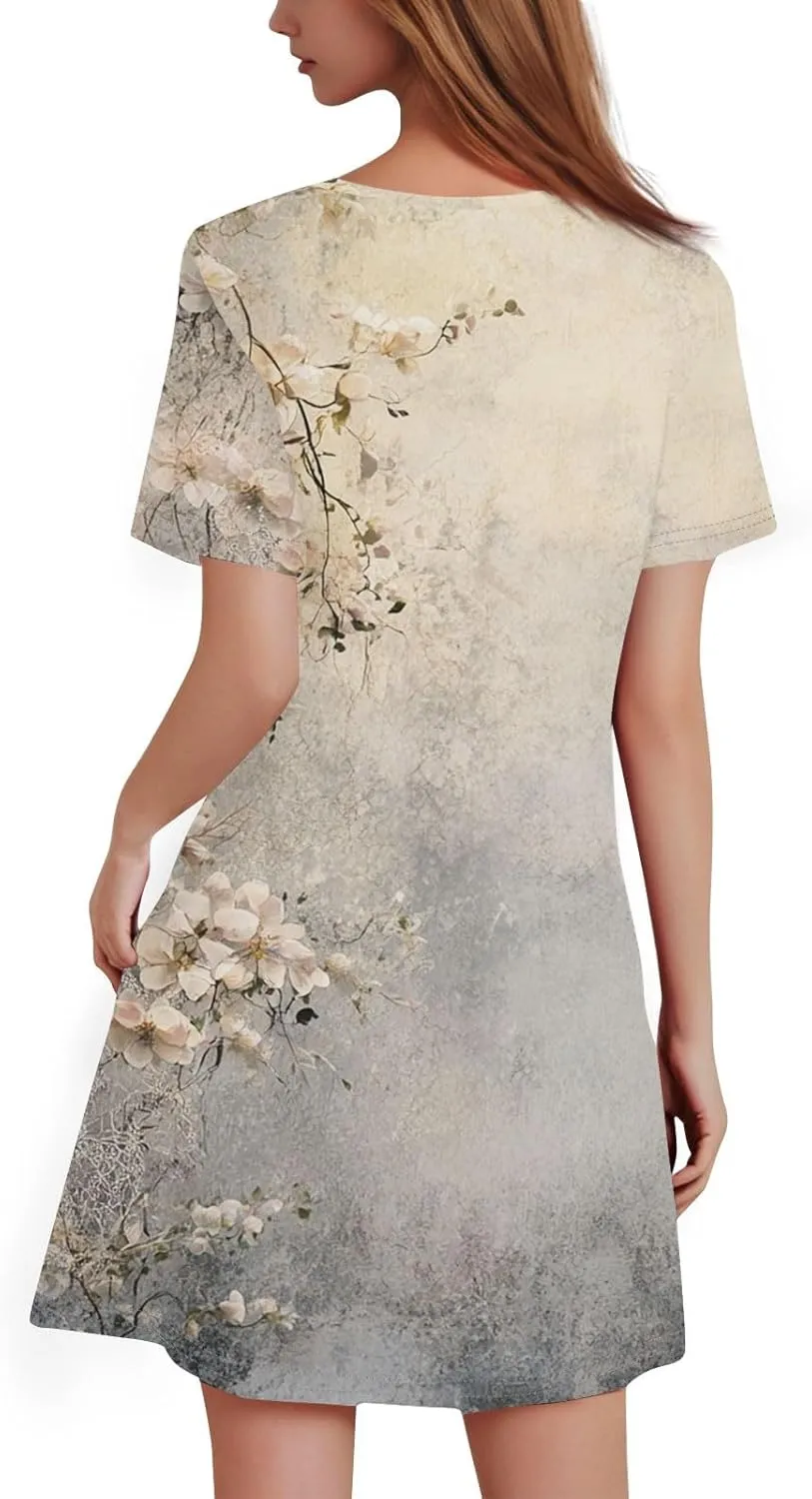 Summer Dresses for Women 2025 Flowy Beach Mini Dress Casual Short Sleeve T Shirt Dress Floral Loose A-Line Dresses Plus Size