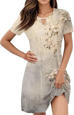 Summer Dresses for Women 2025 Flowy Beach Mini Dress Casual Short Sleeve T Shirt Dress Floral Loose A-Line Dresses Plus Size