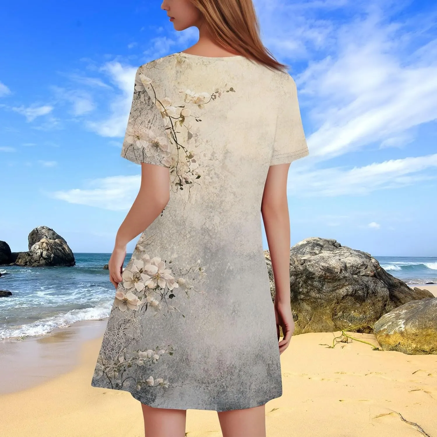 Summer Dresses for Women 2025 Flowy Beach Mini Dress Casual Short Sleeve T Shirt Dress Floral Loose A-Line Dresses Plus Size