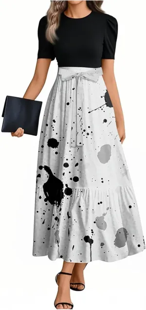 Summer Dresses for Women 2025 Flowy Floral Maxi Dress Short Sleeve Long Sundress Patchwork Ruffle Hem a Line Dress