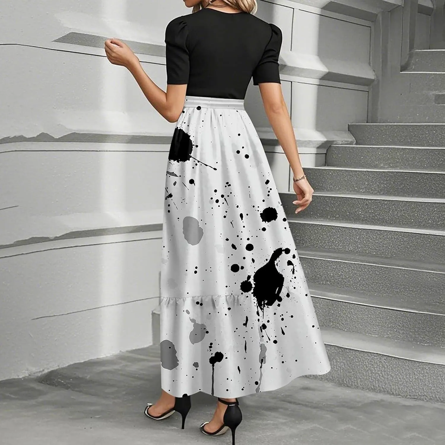 Summer Dresses for Women 2025 Flowy Floral Maxi Dress Short Sleeve Long Sundress Patchwork Ruffle Hem a Line Dress