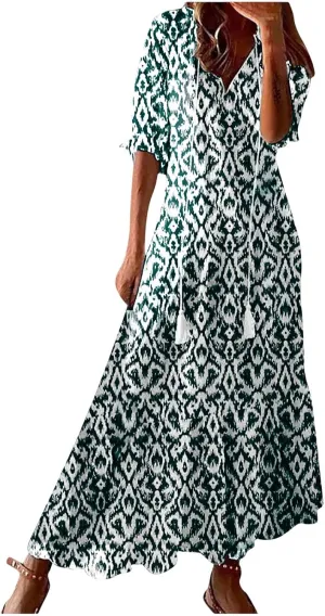 Summer Dresses for Women 2025 Half Sleeve V Neck Boho Floral Maxi Dresses Flowy Casual Ruffle Tiered Beach Sundress