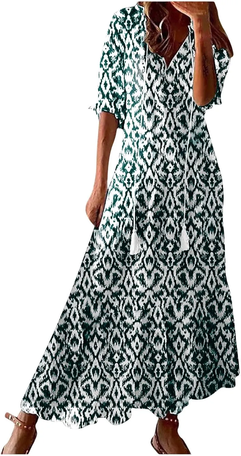 Summer Dresses for Women 2025 Half Sleeve V Neck Boho Floral Maxi Dresses Flowy Casual Ruffle Tiered Beach Sundress