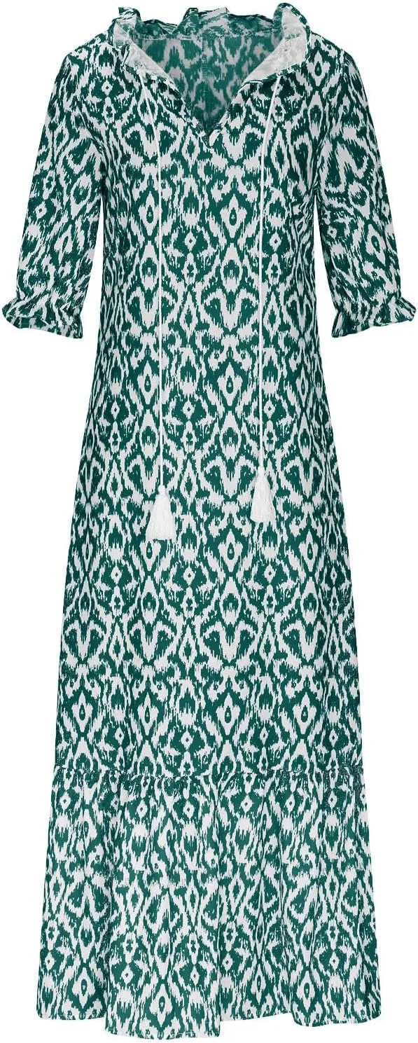 Summer Dresses for Women 2025 Half Sleeve V Neck Boho Floral Maxi Dresses Flowy Casual Ruffle Tiered Beach Sundress