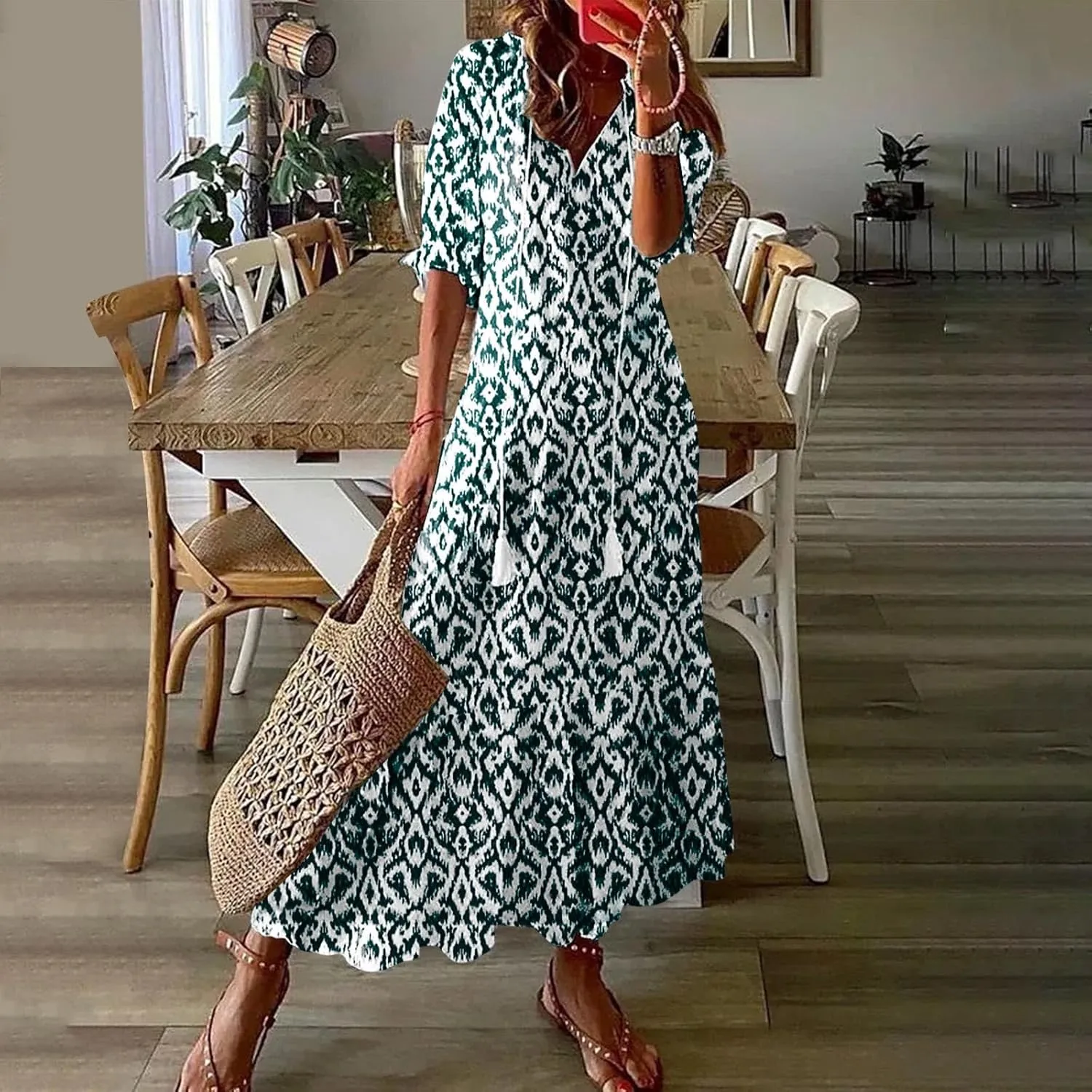 Summer Dresses for Women 2025 Half Sleeve V Neck Boho Floral Maxi Dresses Flowy Casual Ruffle Tiered Beach Sundress