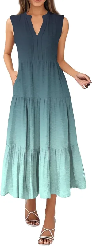 Summer Dresses for Women 2025 Maxi Casual Floral Boho Sundresses Sleeveless V-Neck Pleated Beach Vacation Tank Dress