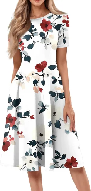 Summer Dresses for Women 2025 Midi Short Sleeve Round Neck Floral Elegant Pleated with Side Pocket A Line Sundresses