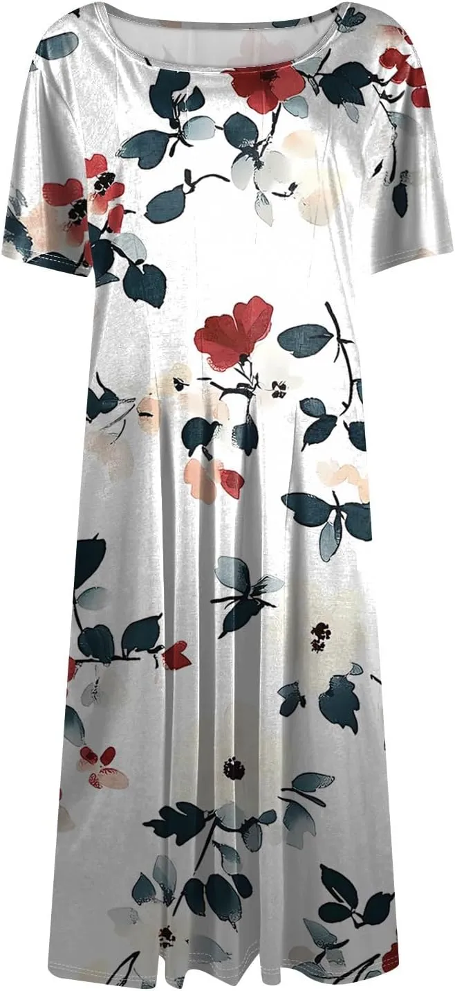 Summer Dresses for Women 2025 Midi Short Sleeve Round Neck Floral Elegant Pleated with Side Pocket A Line Sundresses