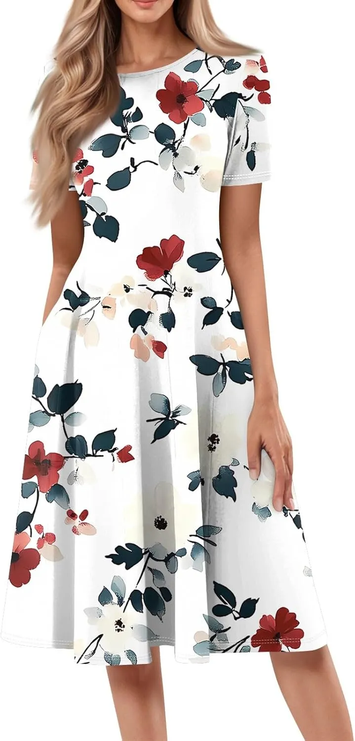 Summer Dresses for Women 2025 Midi Short Sleeve Round Neck Floral Elegant Pleated with Side Pocket A Line Sundresses