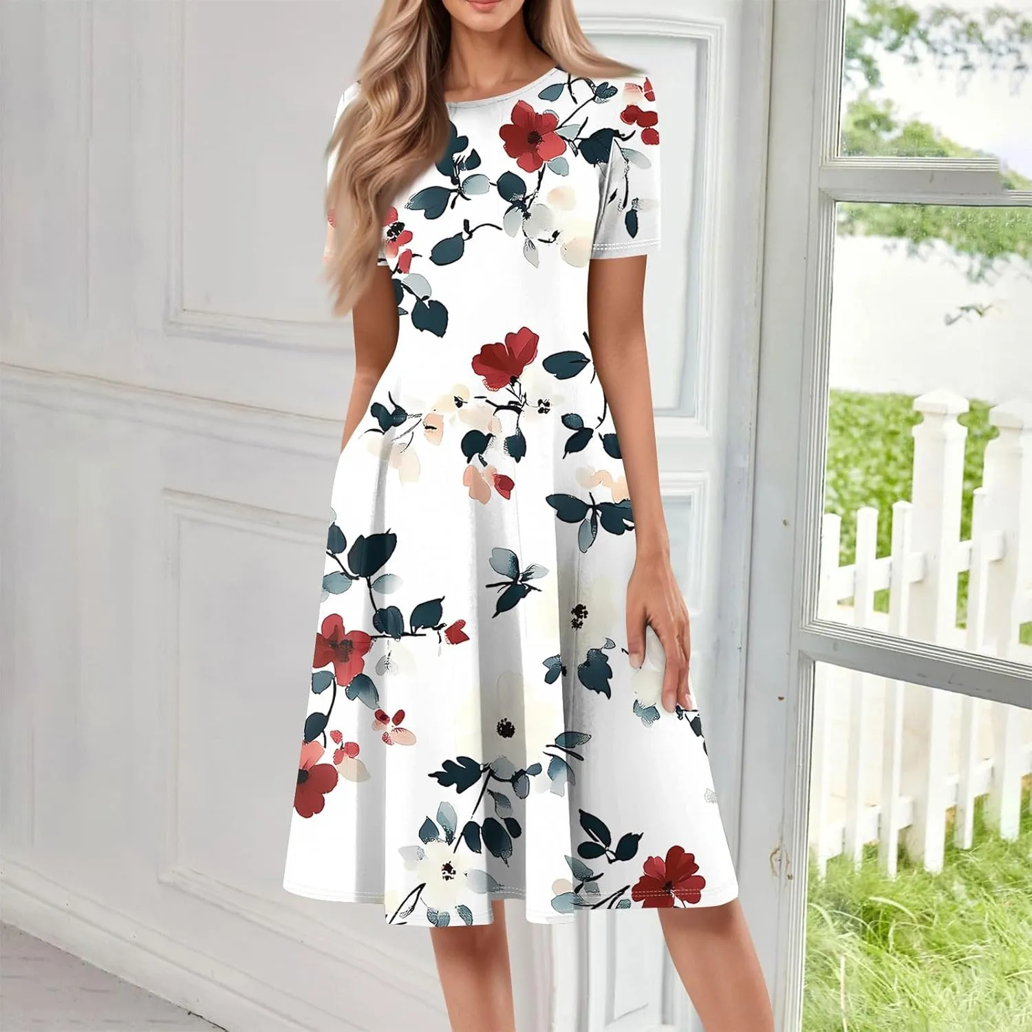 Summer Dresses for Women 2025 Midi Short Sleeve Round Neck Floral Elegant Pleated with Side Pocket A Line Sundresses