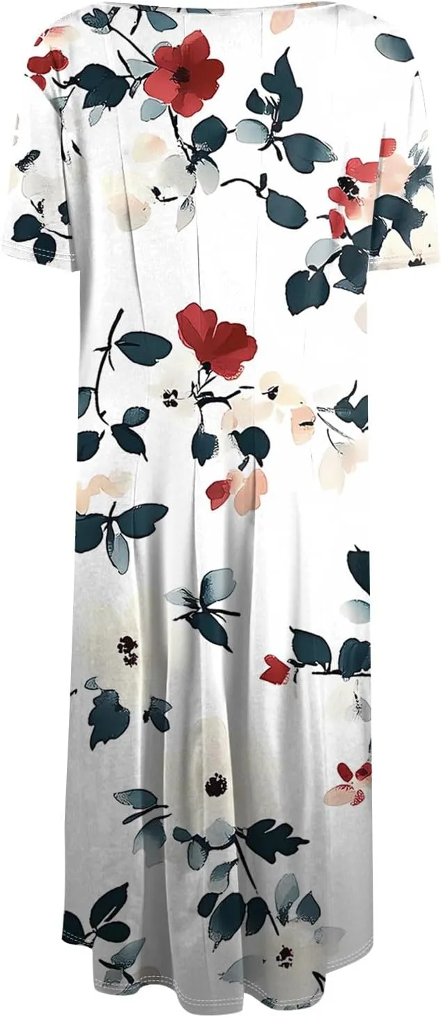 Summer Dresses for Women 2025 Midi Short Sleeve Round Neck Floral Elegant Pleated with Side Pocket A Line Sundresses