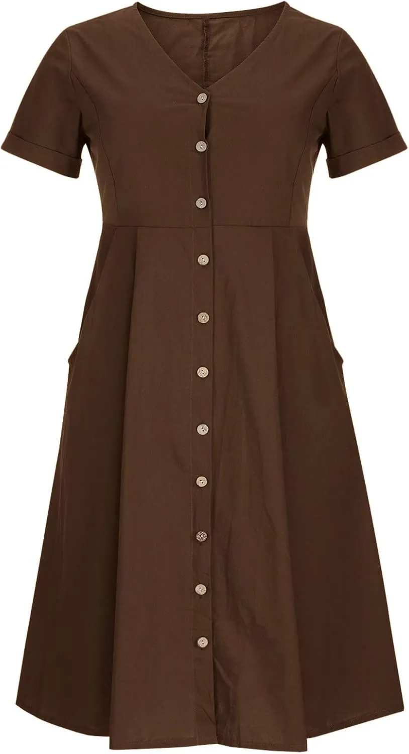 Summer Dresses for Women 2025 Plus Size Flowy Cotton Linen Button Down Sundress Short Sleeve Vacation Beach Dress