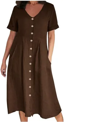 Summer Dresses for Women 2025 Plus Size Flowy Cotton Linen Button Down Sundress Short Sleeve Vacation Beach Dress
