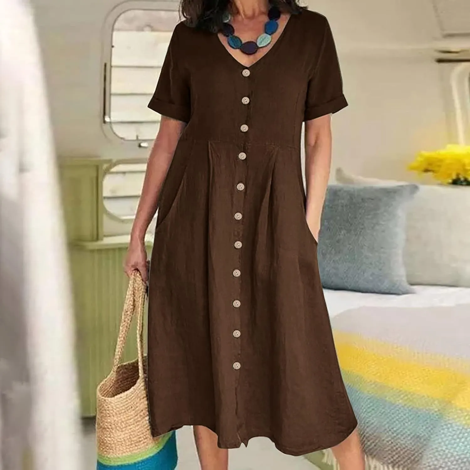 Summer Dresses for Women 2025 Plus Size Flowy Cotton Linen Button Down Sundress Short Sleeve Vacation Beach Dress