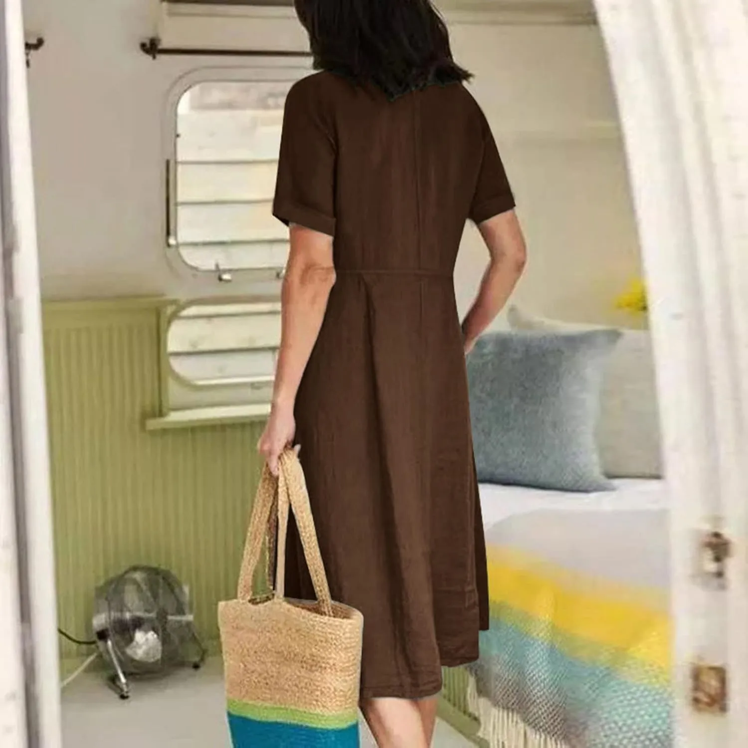 Summer Dresses for Women 2025 Plus Size Flowy Cotton Linen Button Down Sundress Short Sleeve Vacation Beach Dress