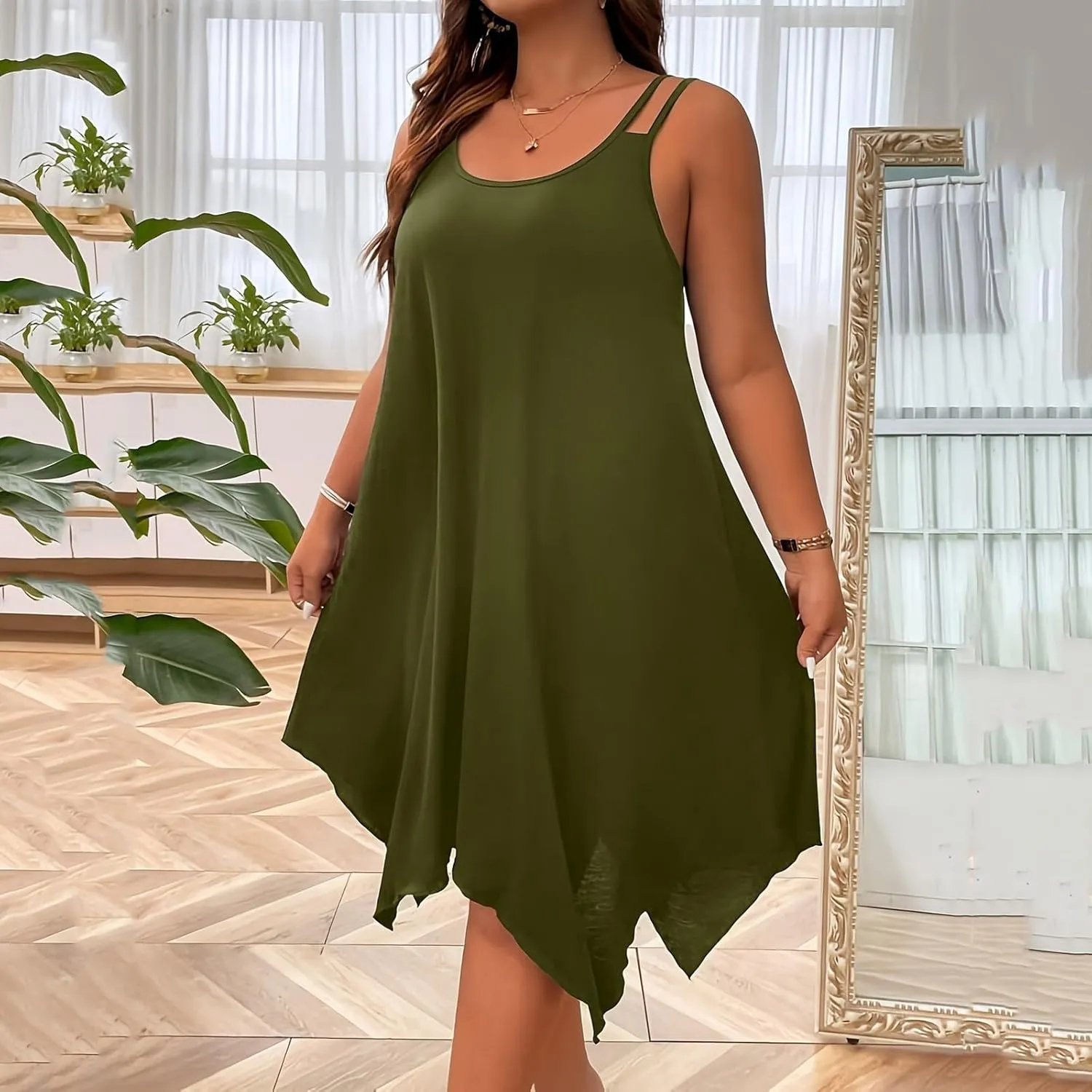 Summer Dresses for Women 2025 Plus Size Scoop Neck Sleeveless Dress Casual Asymmetrical Hem Flowy Midi Cami Dress