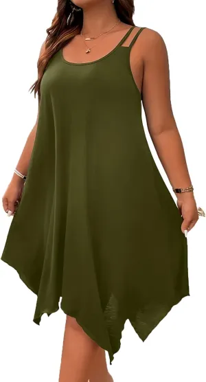 Summer Dresses for Women 2025 Plus Size Scoop Neck Sleeveless Dress Casual Asymmetrical Hem Flowy Midi Cami Dress