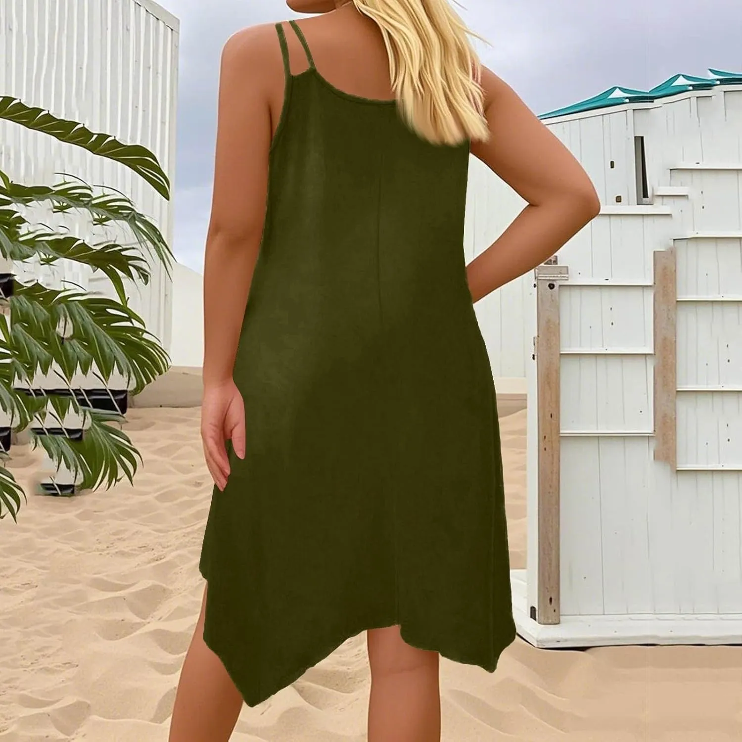 Summer Dresses for Women 2025 Plus Size Scoop Neck Sleeveless Dress Casual Asymmetrical Hem Flowy Midi Cami Dress