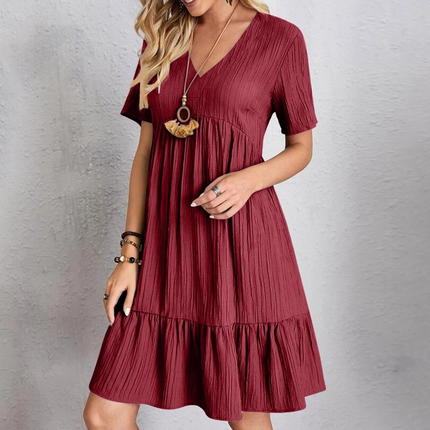 Summer Dresses for Women 2025 Plus Size Short Sleeve V Neck Mini Dress Casual Flowy Swing Boho Beach Vacation Dress
