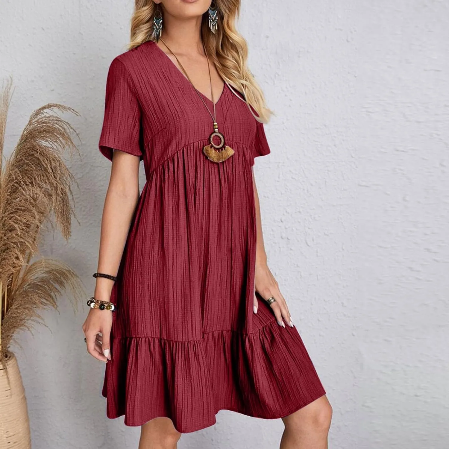 Summer Dresses for Women 2025 Plus Size Short Sleeve V Neck Mini Dress Casual Flowy Swing Boho Beach Vacation Dress