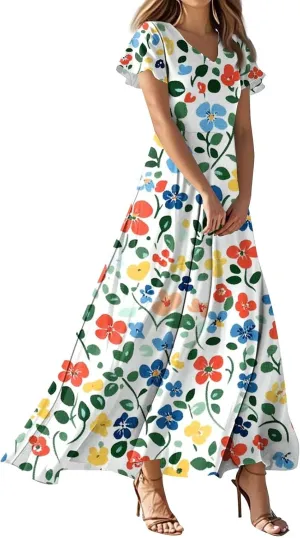 Summer Dresses for Women 2025 Ruffle Short Sleeve Vneck Sundress Trendy Floral Print Swing Hem Chiffon Cocktail Dress