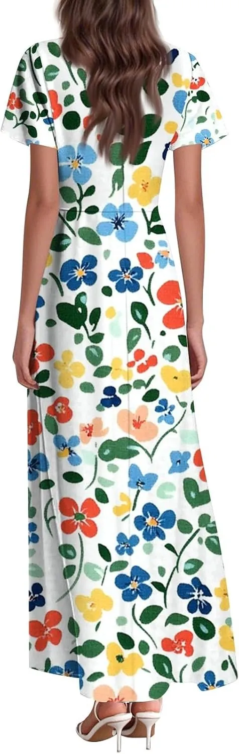 Summer Dresses for Women 2025 Ruffle Short Sleeve Vneck Sundress Trendy Floral Print Swing Hem Chiffon Cocktail Dress