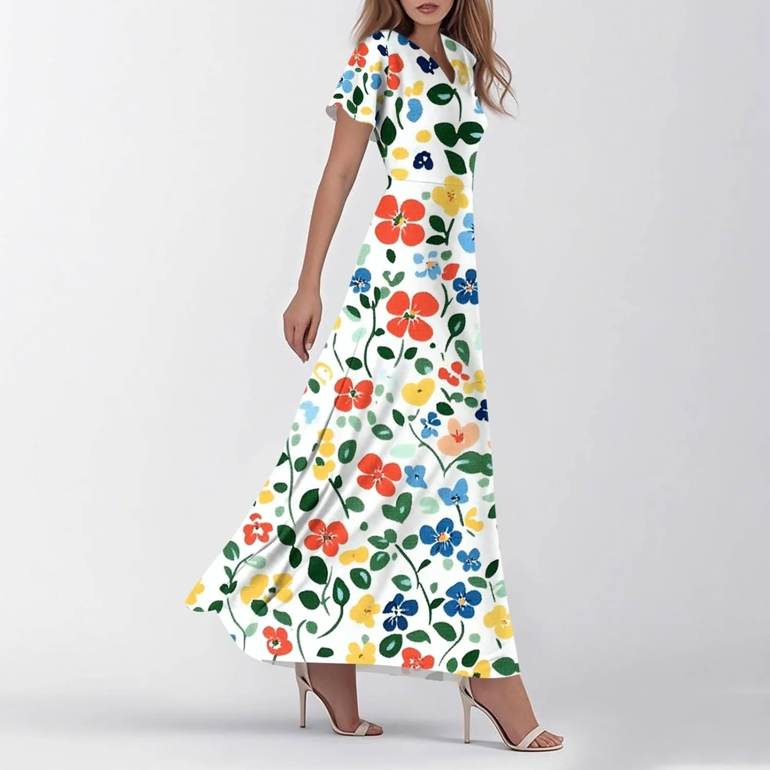 Summer Dresses for Women 2025 Ruffle Short Sleeve Vneck Sundress Trendy Floral Print Swing Hem Chiffon Cocktail Dress