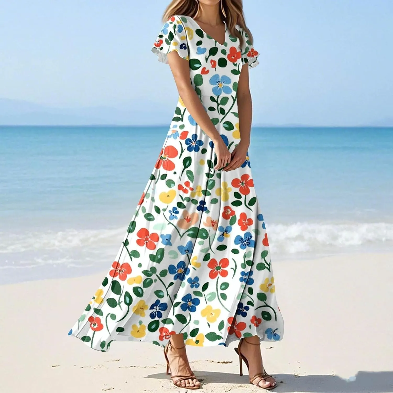 Summer Dresses for Women 2025 Ruffle Short Sleeve Vneck Sundress Trendy Floral Print Swing Hem Chiffon Cocktail Dress
