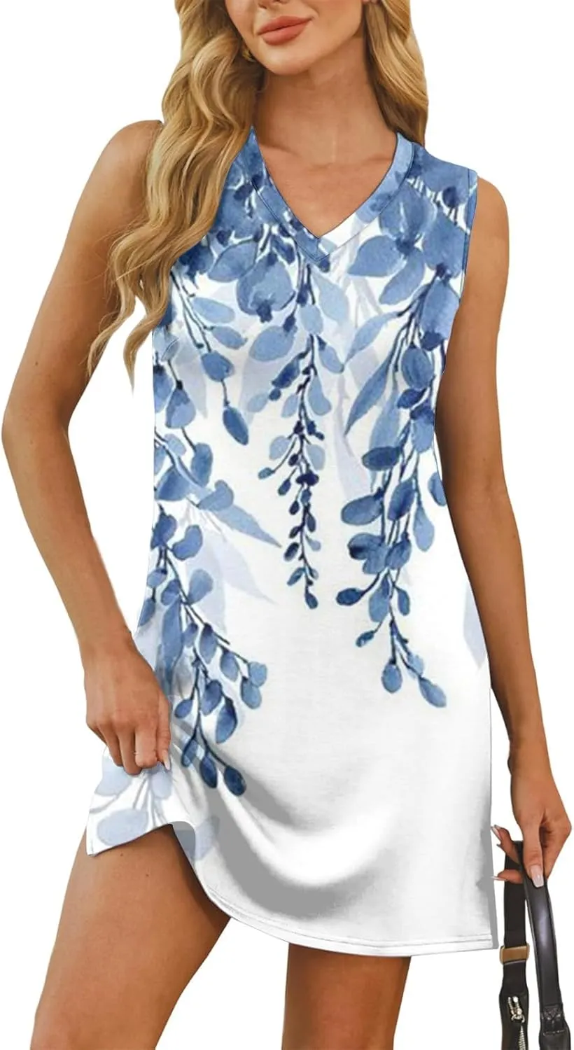 Summer Dresses for Women 2025 Sleeveless Floral Tank Dress Casual Sundresses Loose Beach T Shirt Dresses with Split