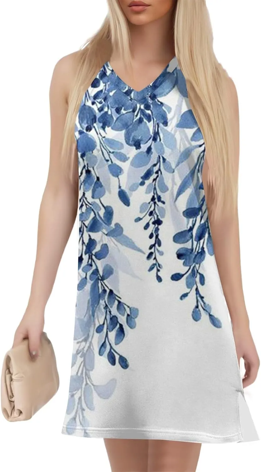 Summer Dresses for Women 2025 Sleeveless Floral Tank Dress Casual Sundresses Loose Beach T Shirt Dresses with Split