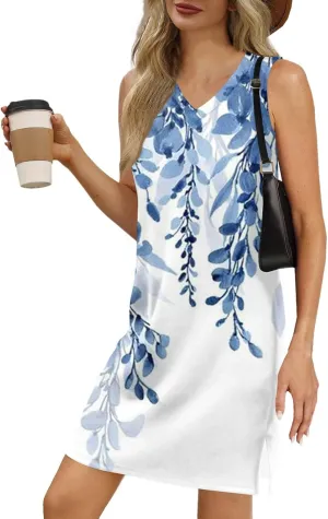 Summer Dresses for Women 2025 Sleeveless Floral Tank Dress Casual Sundresses Loose Beach T Shirt Dresses with Split
