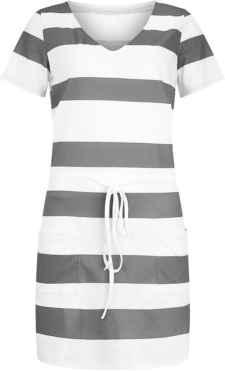 Summer Dresses for Women 2025 Striped A-Line Boho Sundress Short Sleeve V-Neck Beach Vacation Mini Dress with Pocket