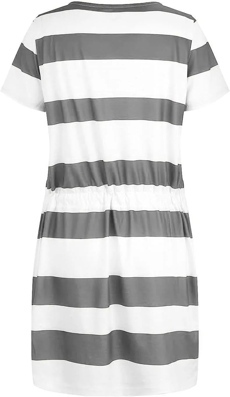 Summer Dresses for Women 2025 Striped A-Line Boho Sundress Short Sleeve V-Neck Beach Vacation Mini Dress with Pocket