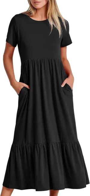 Summer Dresses for Women 2025 Tiered Vacation Long Beach Sundress Casual Loose Short Sleeve Dress with Pockets