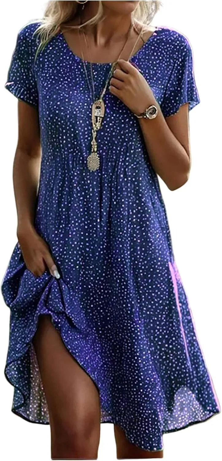 Summer Dresses for Women 2025 Trendy Casual Short Sleeve Flowy Boho Petite Tshirt Dress Beach Vacation Clothes