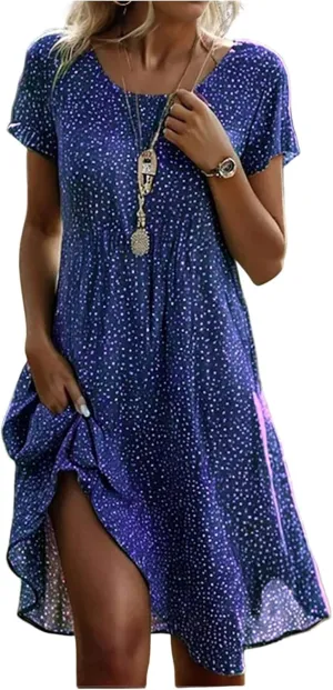 Summer Dresses for Women 2025 Trendy Casual Short Sleeve Flowy Boho Petite Tshirt Dress Beach Vacation Clothes