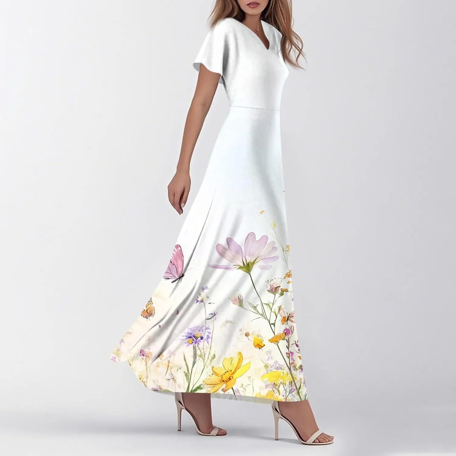 Summer Dresses for Women 2025 Trendy Plus Size Chiffon Dress Short Sleeve V-Neck Boho Floral Flowy Swing Hem Sundress