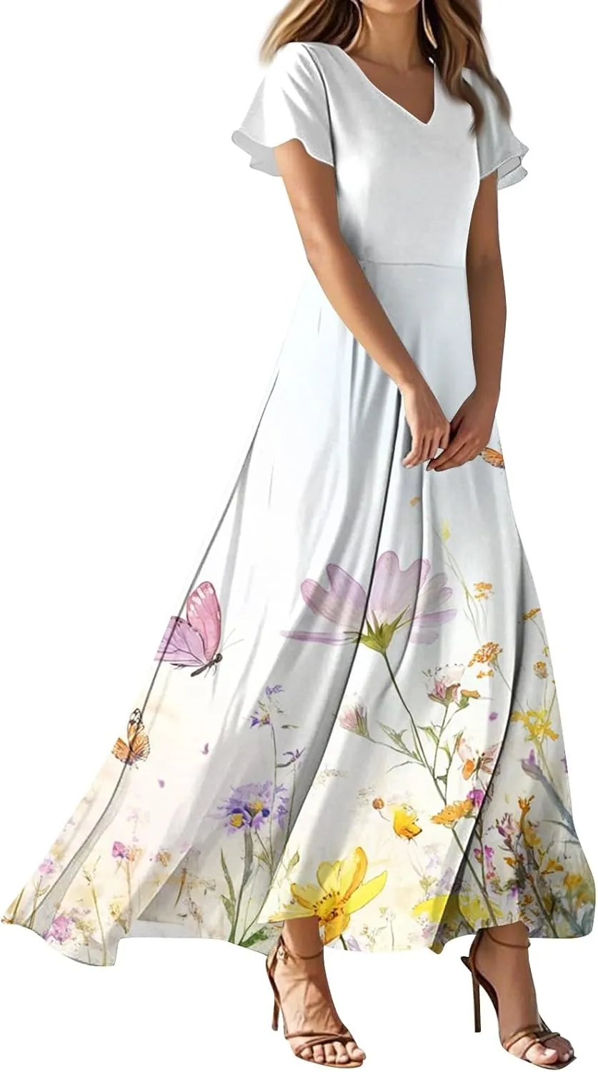 Summer Dresses for Women 2025 Trendy Plus Size Chiffon Dress Short Sleeve V-Neck Boho Floral Flowy Swing Hem Sundress