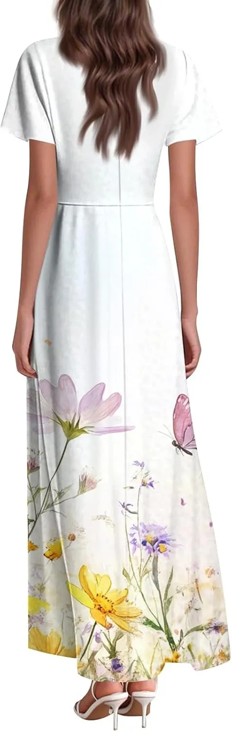 Summer Dresses for Women 2025 Trendy Plus Size Chiffon Dress Short Sleeve V-Neck Boho Floral Flowy Swing Hem Sundress