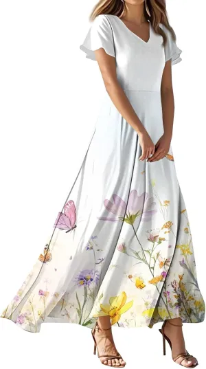 Summer Dresses for Women 2025 Trendy Plus Size Chiffon Dress Short Sleeve V-Neck Boho Floral Flowy Swing Hem Sundress