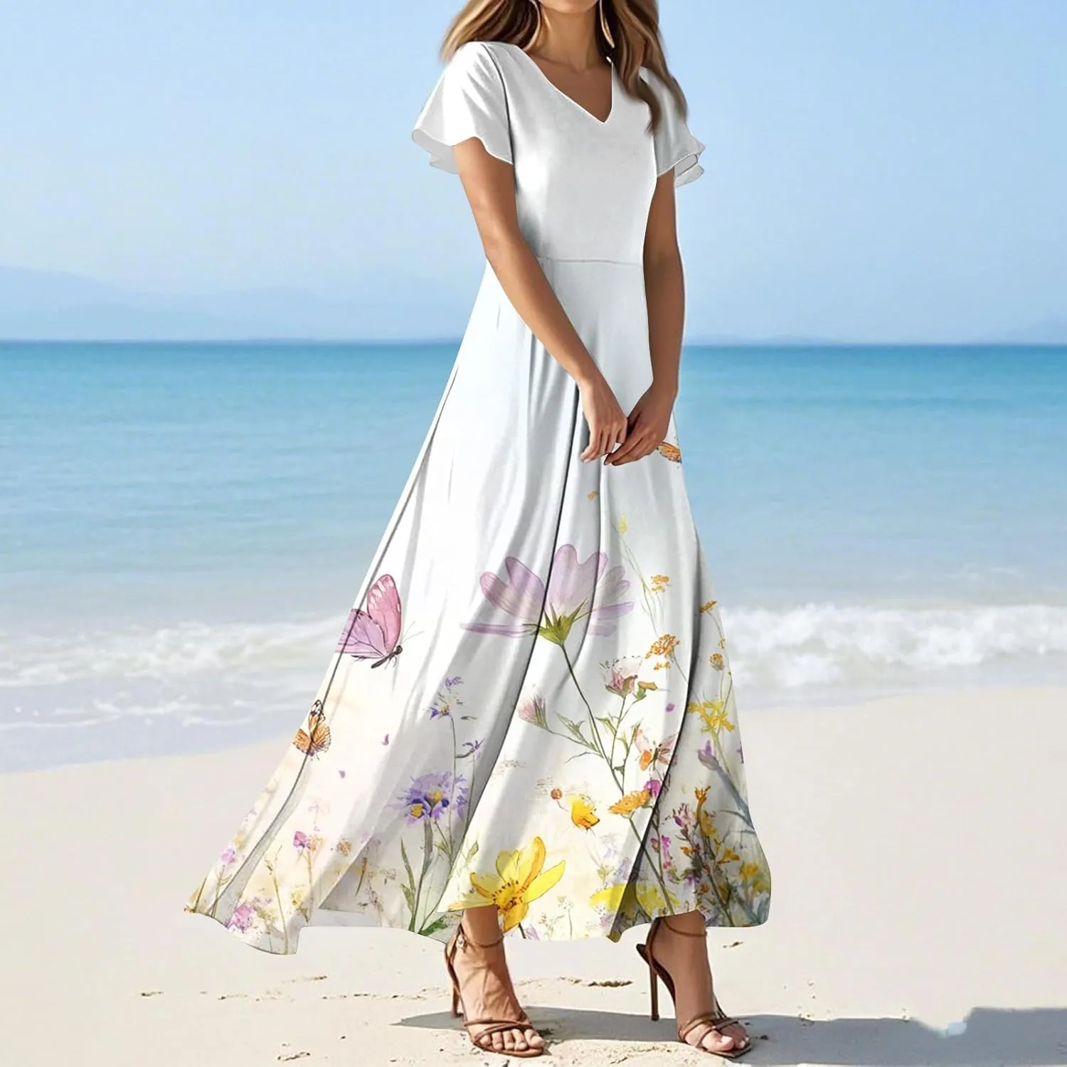 Summer Dresses for Women 2025 Trendy Plus Size Chiffon Dress Short Sleeve V-Neck Boho Floral Flowy Swing Hem Sundress