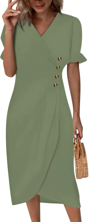 Summer Dresses for Women 2025 Vacation, Casual Side Button Up Boho Floral Dress Wrap V Neck Short Sleeve Midi Sun Dresses