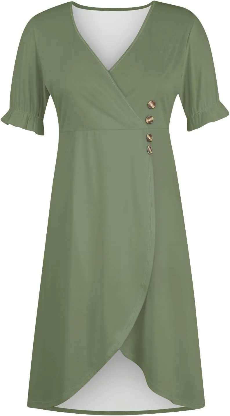 Summer Dresses for Women 2025 Vacation, Casual Side Button Up Boho Floral Dress Wrap V Neck Short Sleeve Midi Sun Dresses