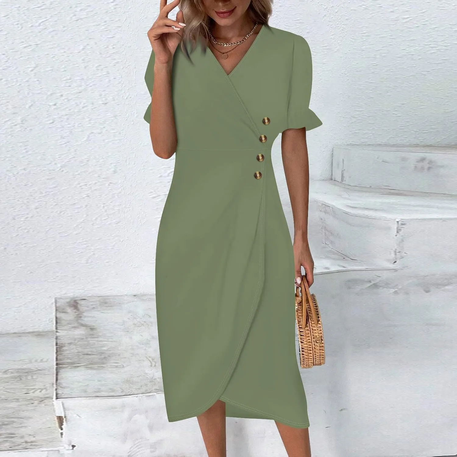 Summer Dresses for Women 2025 Vacation, Casual Side Button Up Boho Floral Dress Wrap V Neck Short Sleeve Midi Sun Dresses