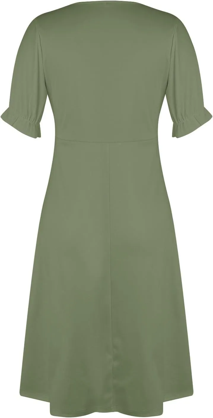 Summer Dresses for Women 2025 Vacation, Casual Side Button Up Boho Floral Dress Wrap V Neck Short Sleeve Midi Sun Dresses